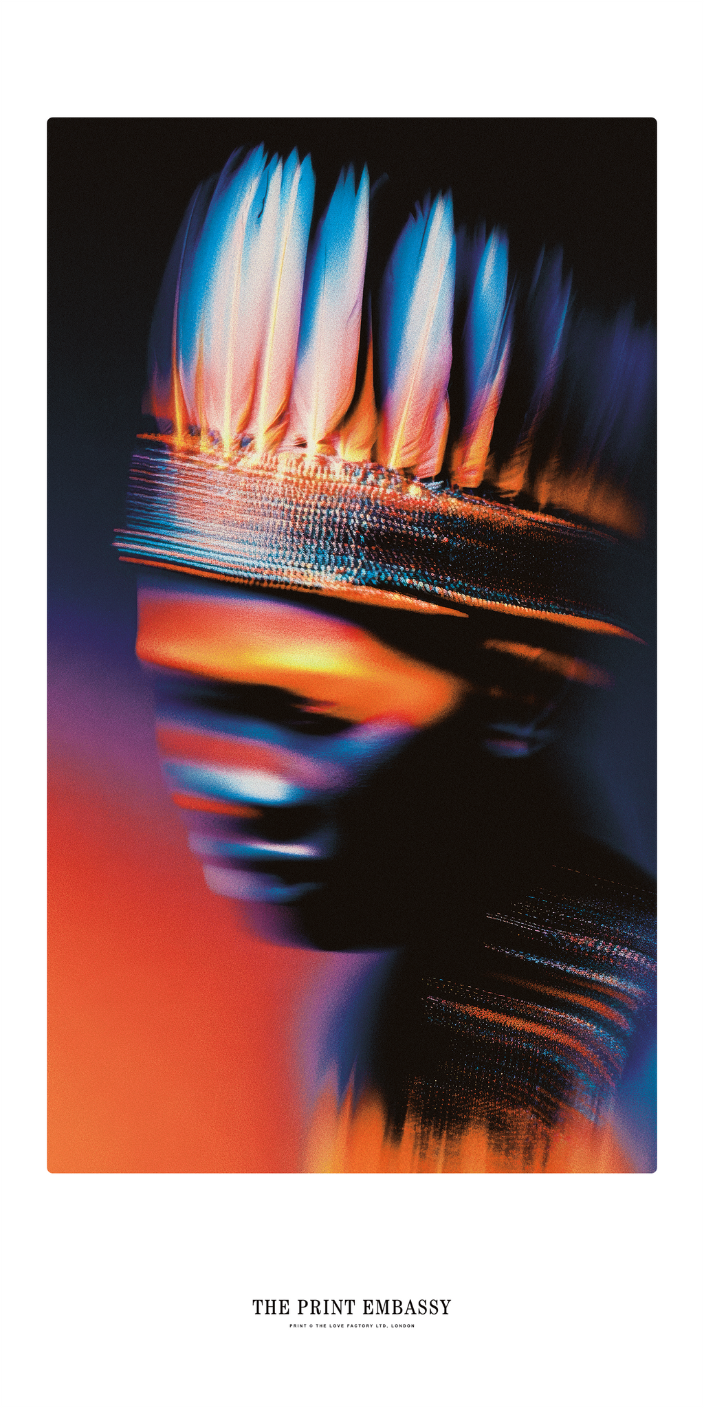 Abstract indigenous art with blurred colors and shapes on a black background, featuring the brand 'The Print Embassy'.