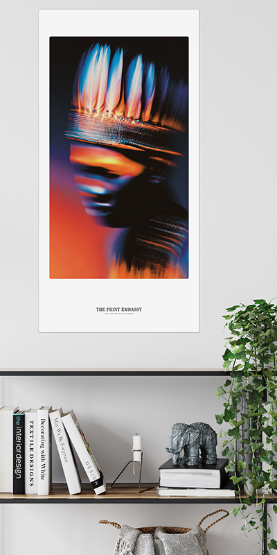 Abstract indigenous art with blurred colors and shapes on a black background, featuring the brand 'The Print Embassy' hanging on a white wall.