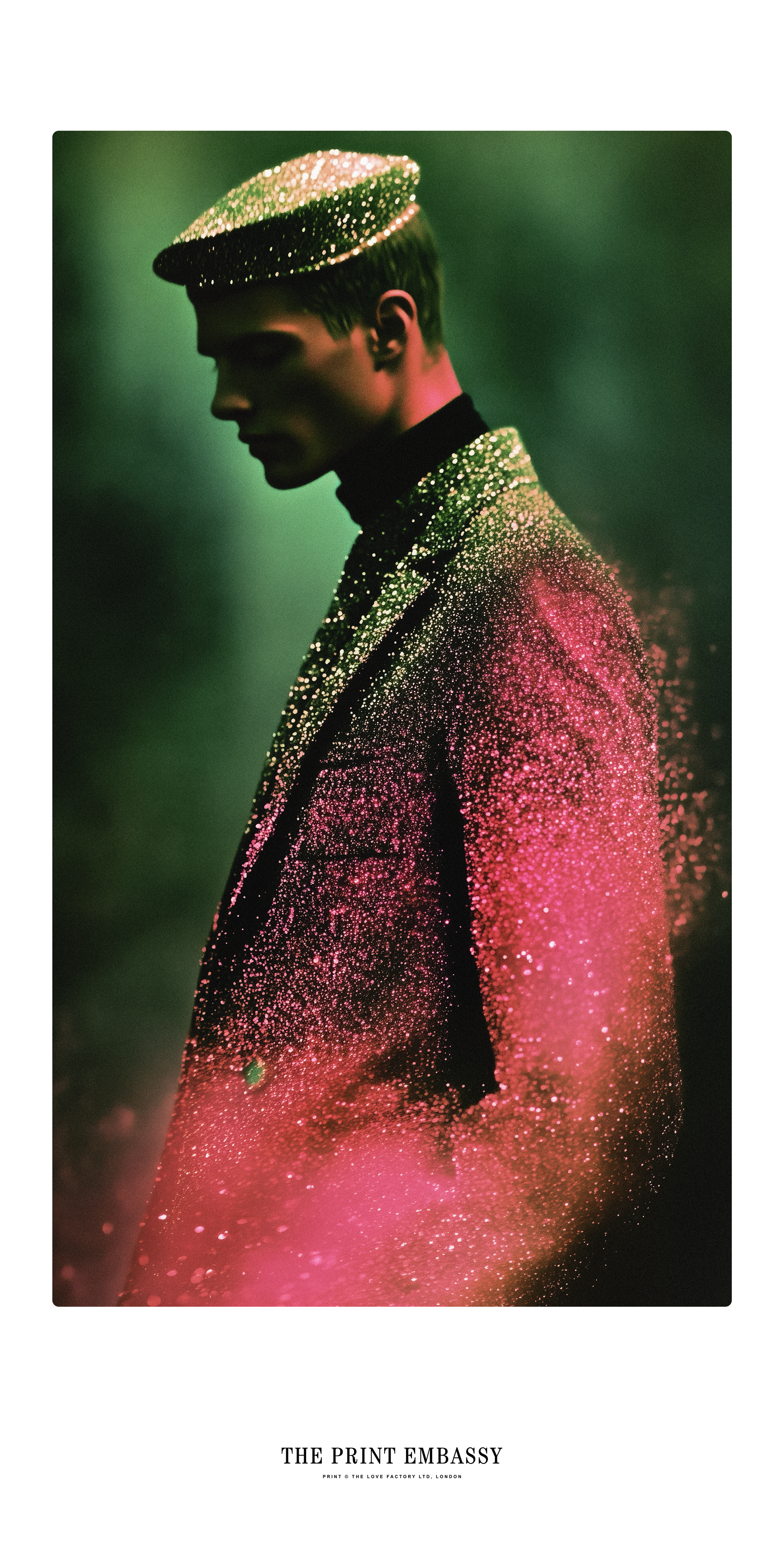 Person wearing a sparkling outfit with a green and pink gradient background, vintage in tone.