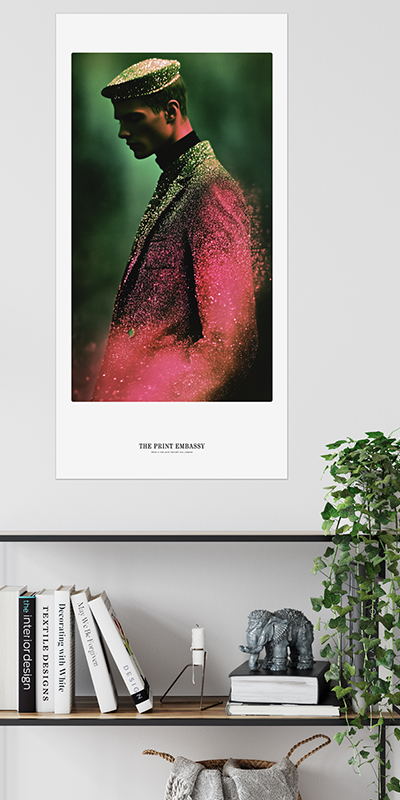 Vintage-style artwork of a person in a colorful outfit on a wall above a bookshelf.