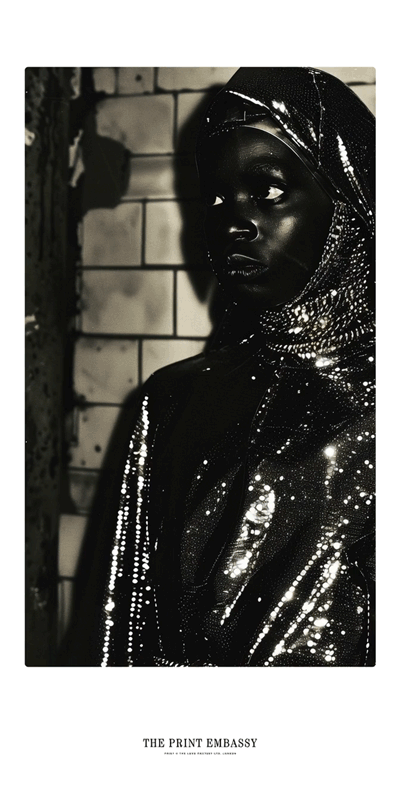 A video of a nun wearing a sequin covered outfit, waiting for the subway train, 80s, sepia tones.