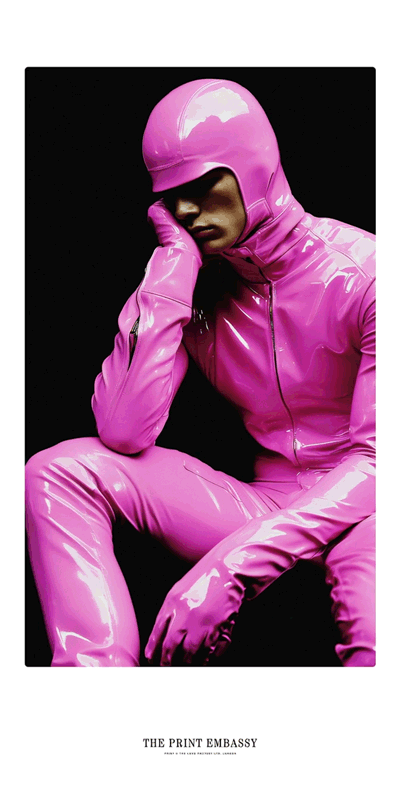 A video of a bored guy wearing a full neon pink latex outfit on a black background.