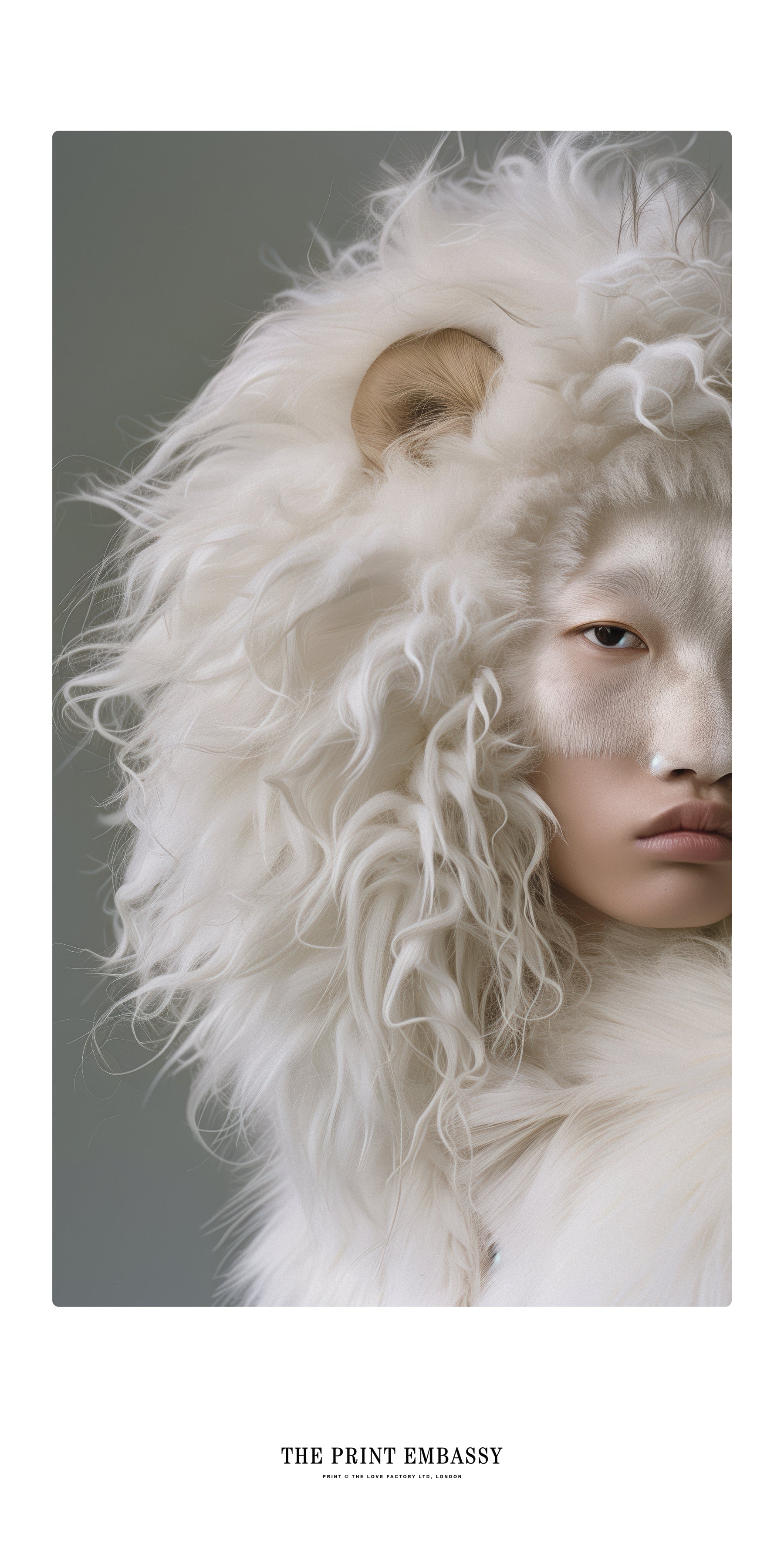 A beautiful art print of an asian lady dresseed up to look like a stunning white lioness. The print is oversizeed and from The Print Embassy collection.