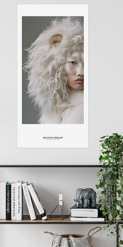 A beautiful art print of an asian lady dresseed up to look like a stunning white lioness. The print is oversizeed and from The Print Embassy collection. The poster hangs above a modern bookshelf.