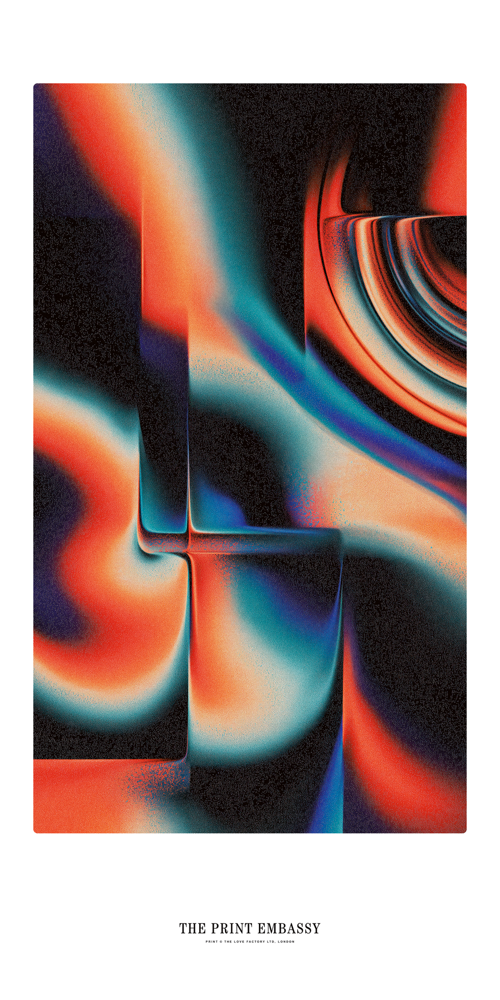 Abstract art print with vibrant colors on a black background, featuring the brand 'The Print Embassy'.