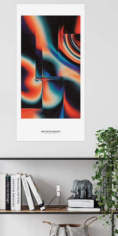 Abstract art print from The Print Embassy on a wall above a shelf with books and decor items.