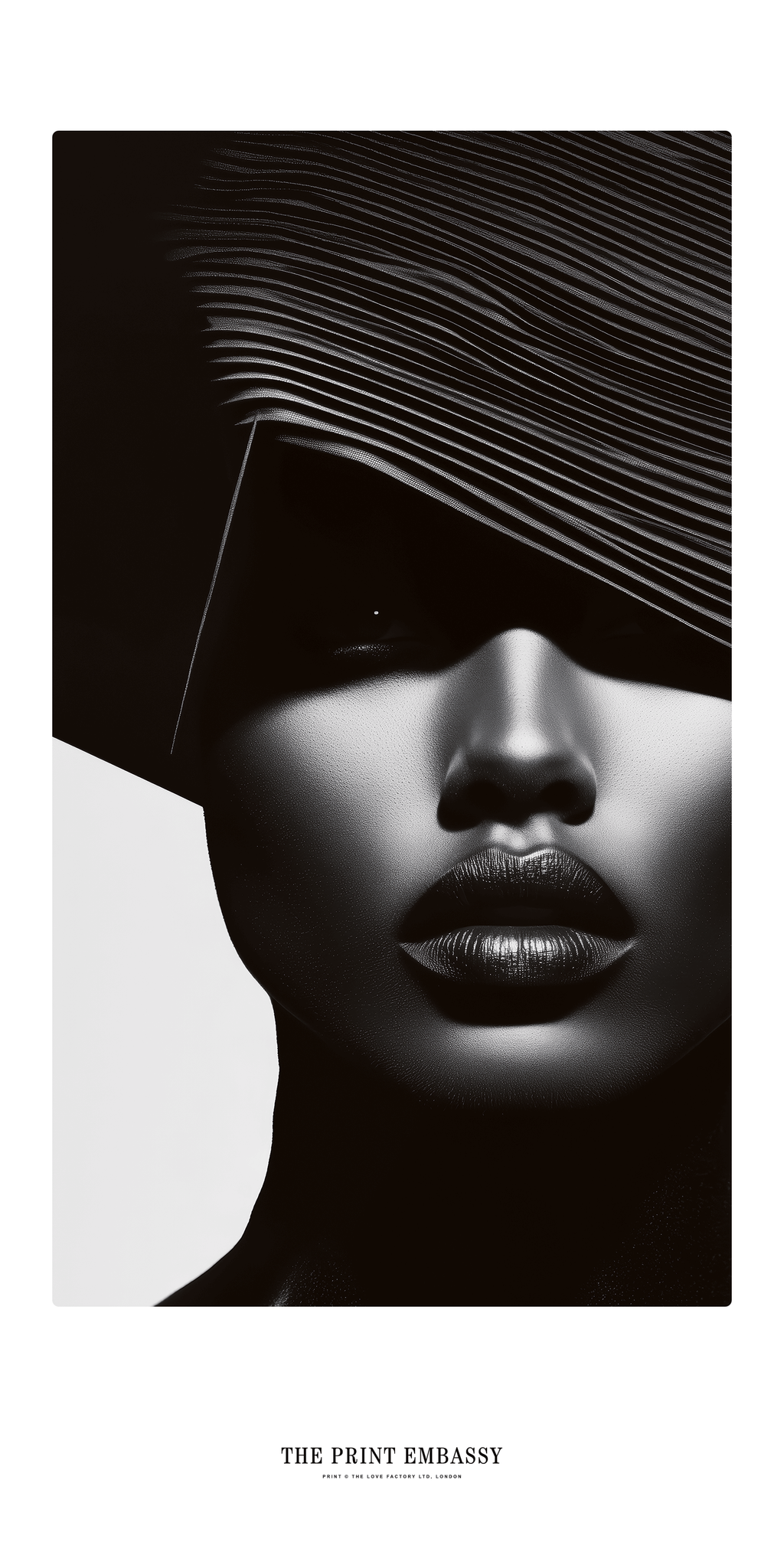 Black and white Vogue Cover style art print of a face with a geometric pattern, featuring 'The Print Embassy' branding.
