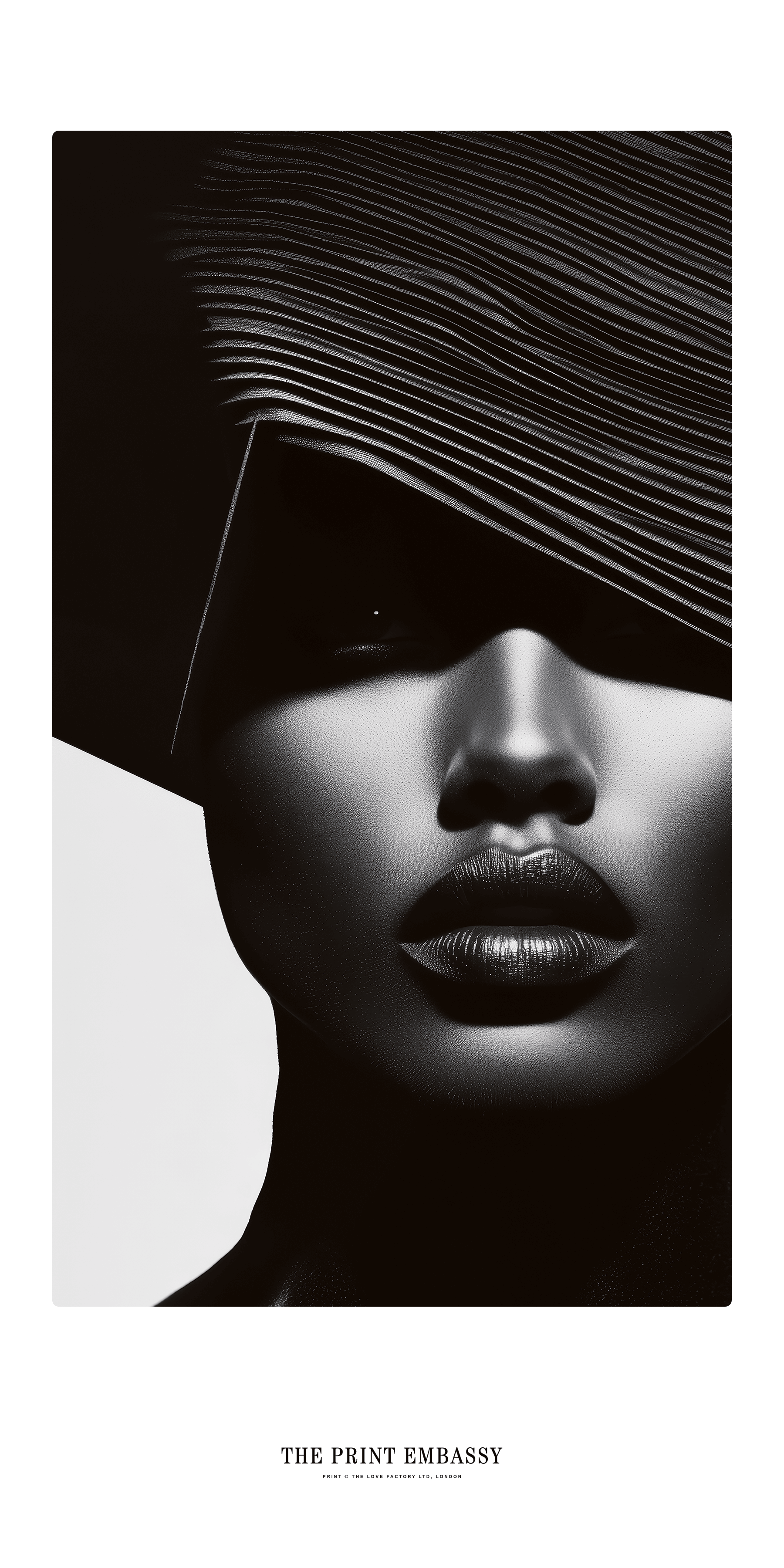 Black and white Vogue Cover style art print of a face with a geometric pattern, featuring 'The Print Embassy' branding.
