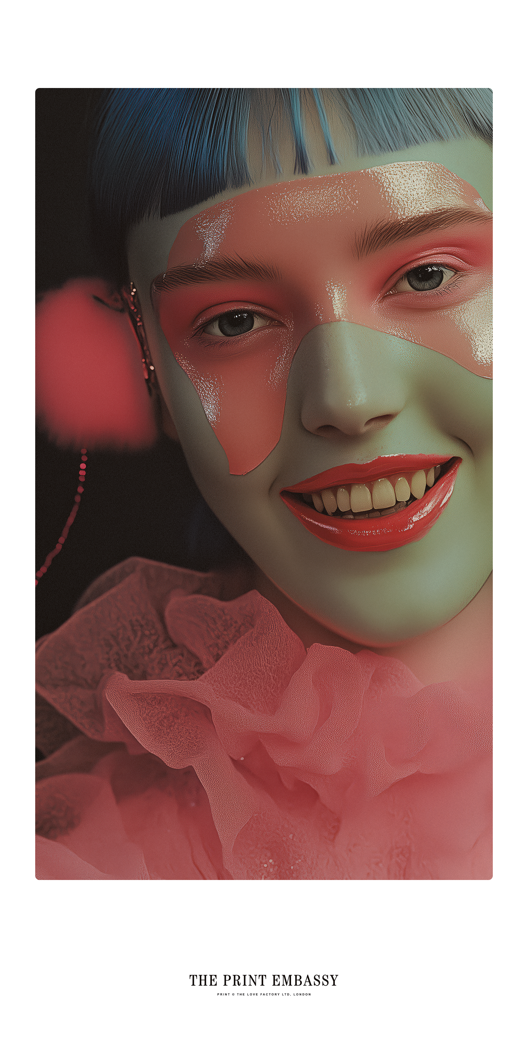 Person with artistic makeup and colorful hair, wearing a sheer pink garment. The image is quite cooky, almost cosplay  in style. The limited edition oversized print is from ThePrintEmbassy.com