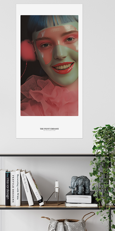 Framed giant poster of a stylized portrait on a wall above a bookshelf with decorative items.