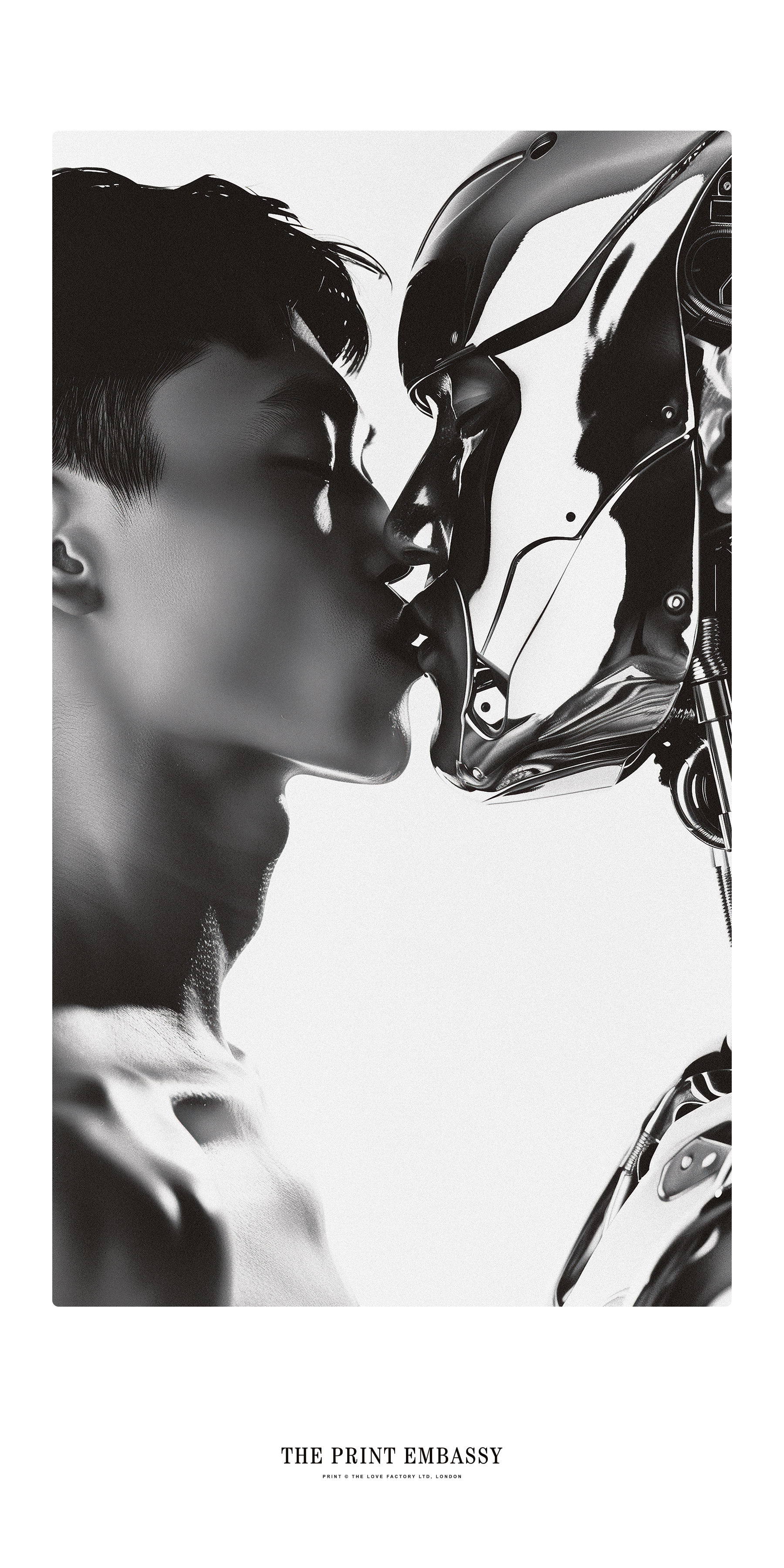 A modern black and white 20x40 inch oversized poster showing a close-up of a man kissing a robot with 'The Print Embassy' branding below. 