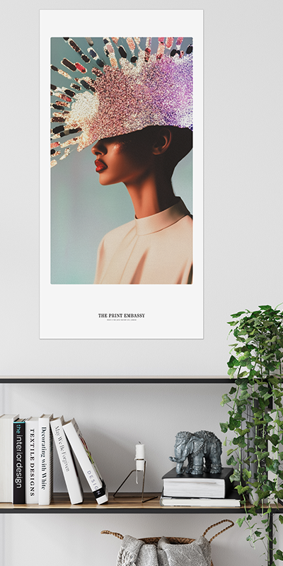 A large poster of a woman wearing a colorful hat on a shelf with books and decor, from The Print Embassy.