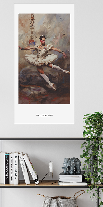 A painting of King Charles as a ballerina in a tutu with decorative elements, by The Print Embassy. It's tongue in cheek and meant to celebrate the institution rather than mock it. It's a cheeky wink at the great masters who have gone before. The giant poster is on a wall above a bookshelf.