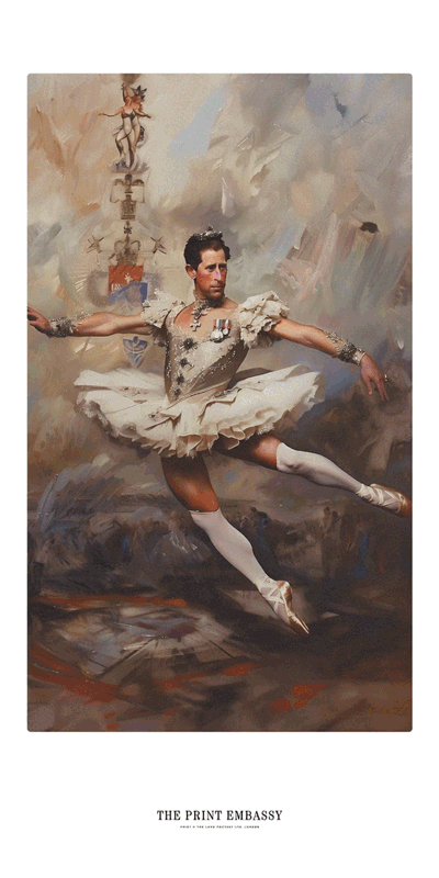 A video of an animated portrait of King Charles reimagined as a ballet dancer. 