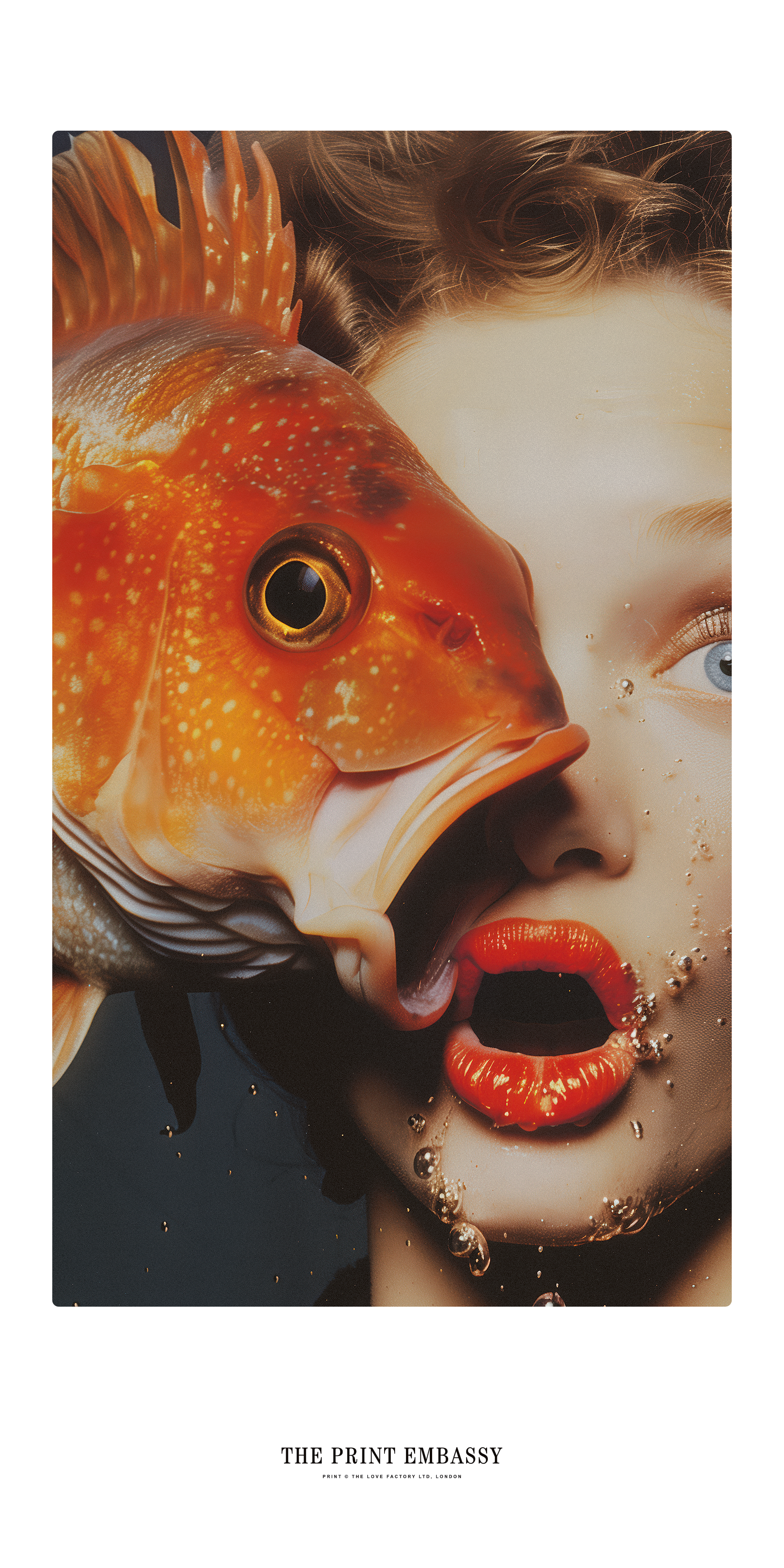 A fun image of a large goldfish fish photobombing a surprised human face, featuring the brand 'The Print Embassy'.