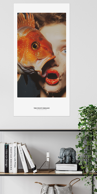 A fun oversized poster of a large goldfish fish photobombing a surprised human face, featuring the brand 'The Print Embassy'.