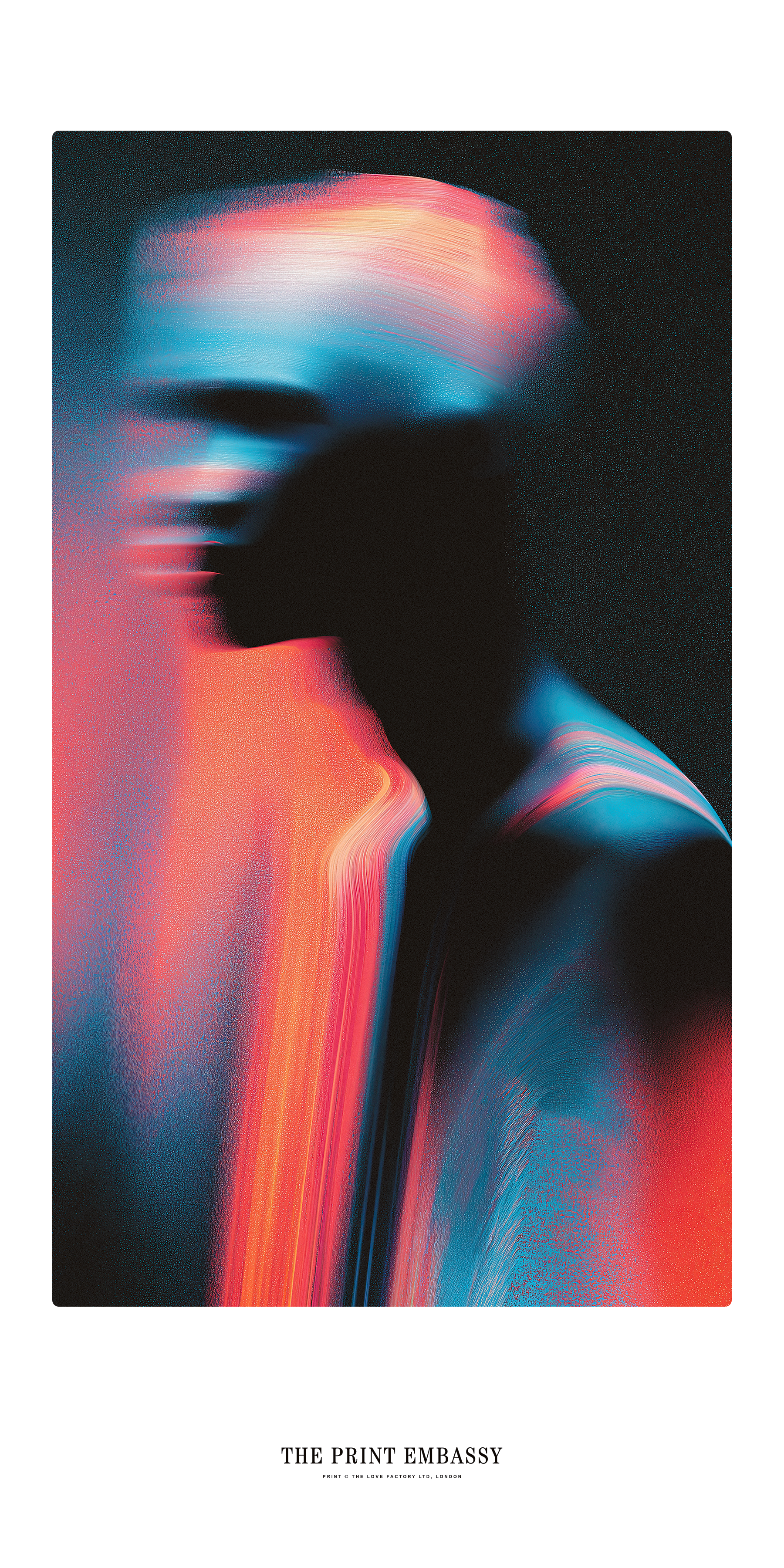 A poster featuring an artistic depiction of a silhouette with colorful light effects, credited to 'The Print Embassy'.