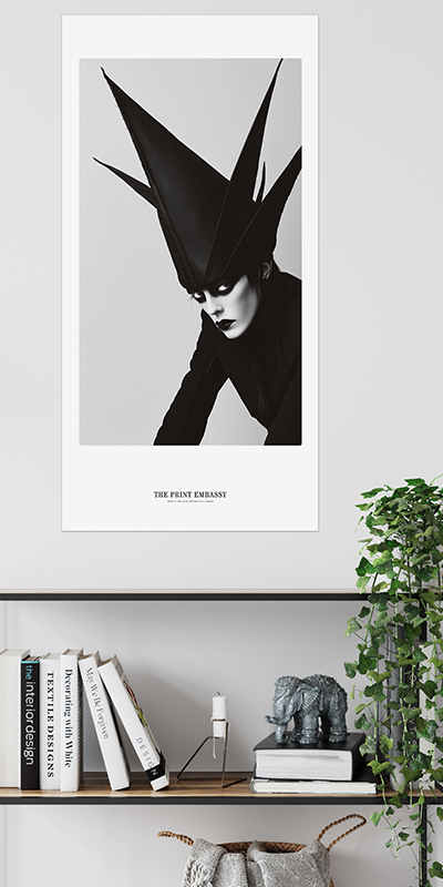 Framed black and white portrait of a person with a very spikey paper hat on a shelf with books and decor.