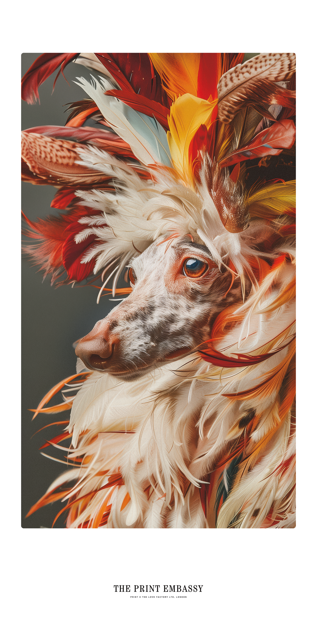 A giant poster showing a close-up of a dog with flamboyant rooster-like feathers on a dark background, by the print studio 'The Print Embassy'.