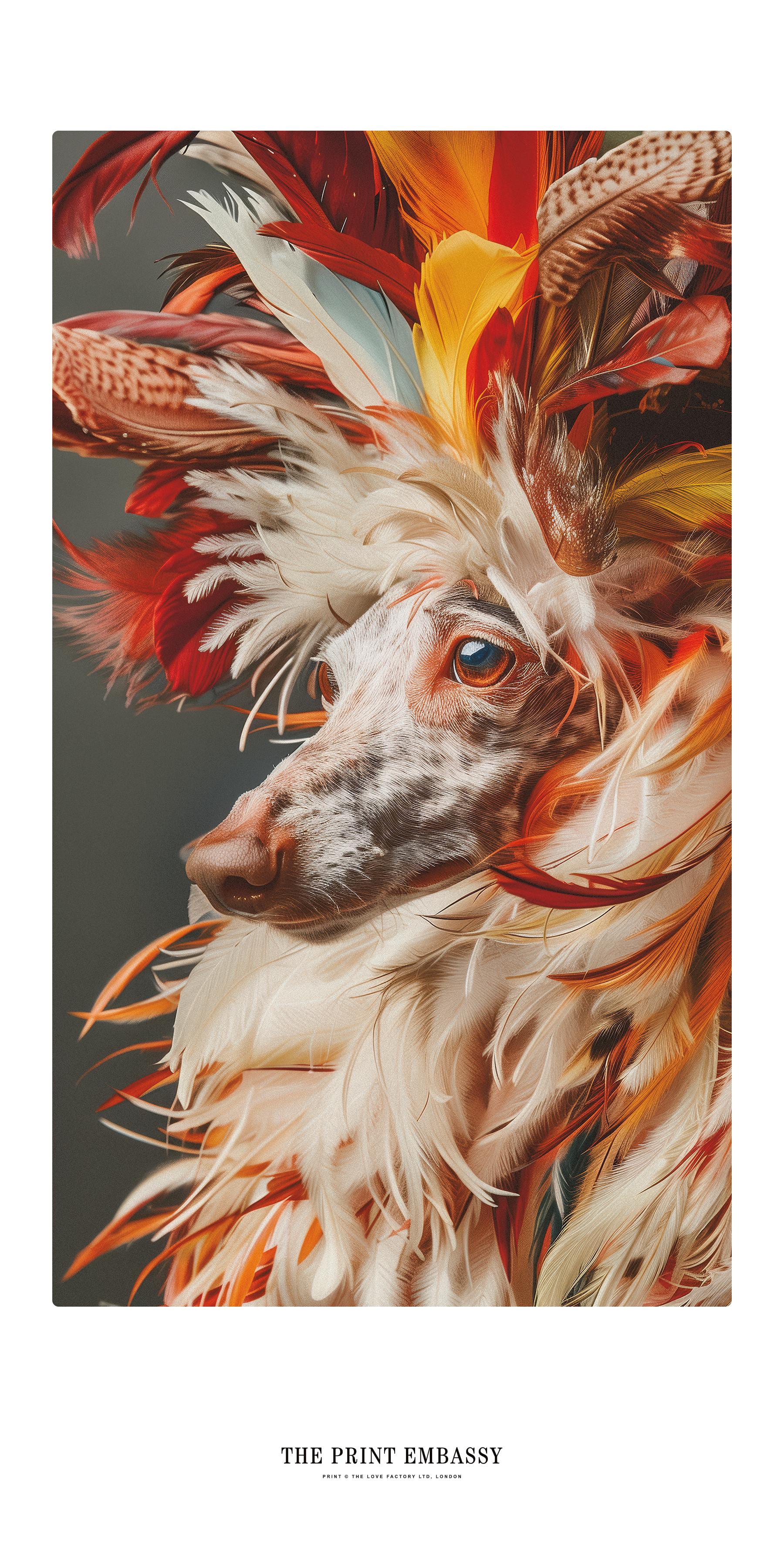 A giant poster showing a close-up of a dog with flamboyant rooster-like feathers on a dark background, by the print studio 'The Print Embassy'.