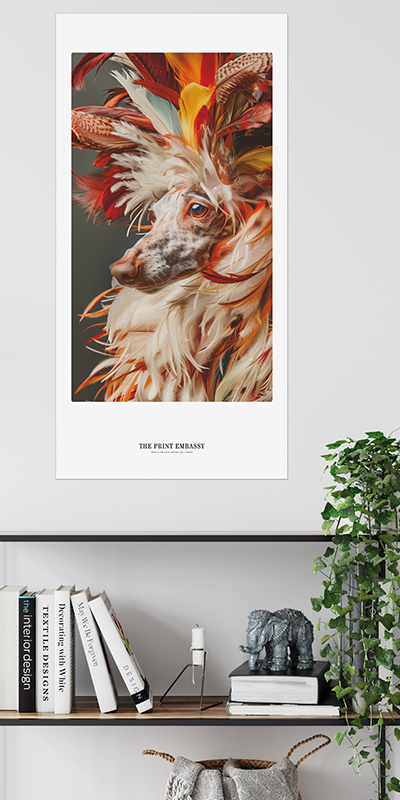 A giant poster showing a close-up of a dog with flamboyant rooster-like feathers on a dark background, by the print studio 'The Print Embassy', sitting above a sidetable.