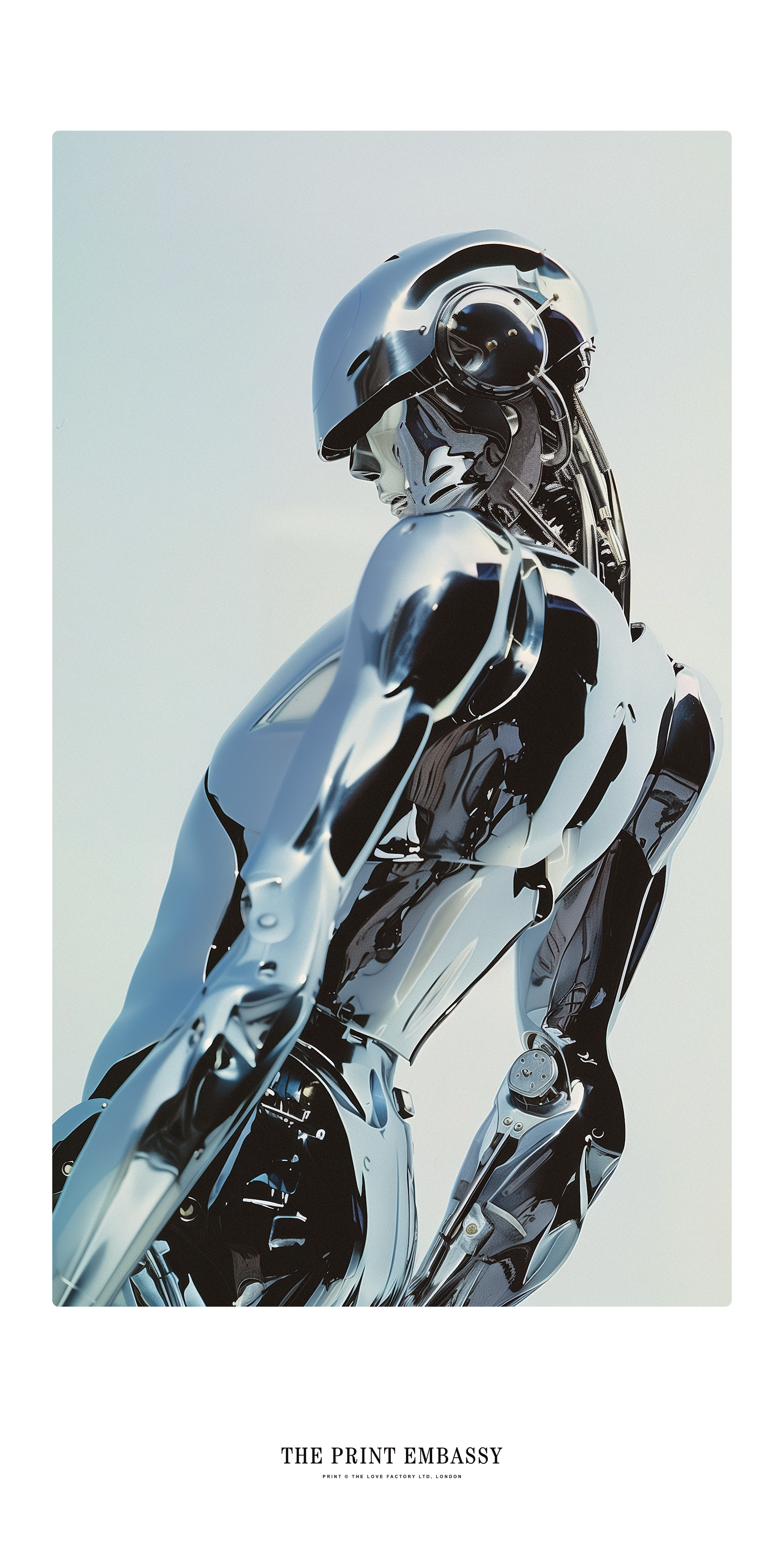 A chrome robot busting some moves against a light blue background. The oversized limited edition print is from The Print Embassy. It's very Daft Punk or Grace Jones.