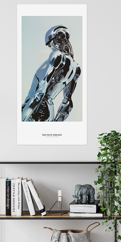 Giant artwork of a robot throwing some moves, above a shelf with books and decor