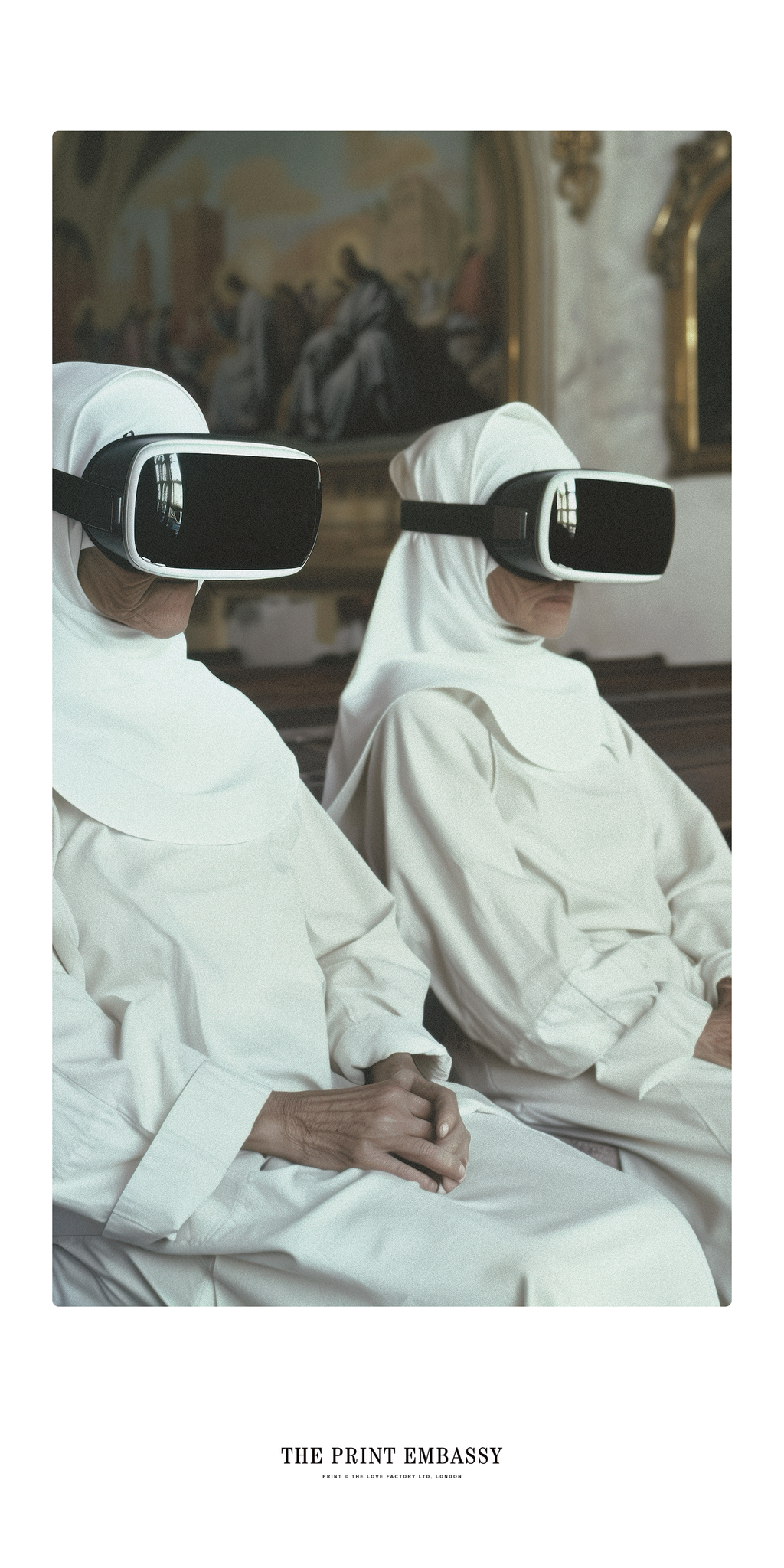 A statement print of two elderly nuns in white robes, sitting in church, they are wearing black VR goggles. This crazy print is from The Print Embassy.