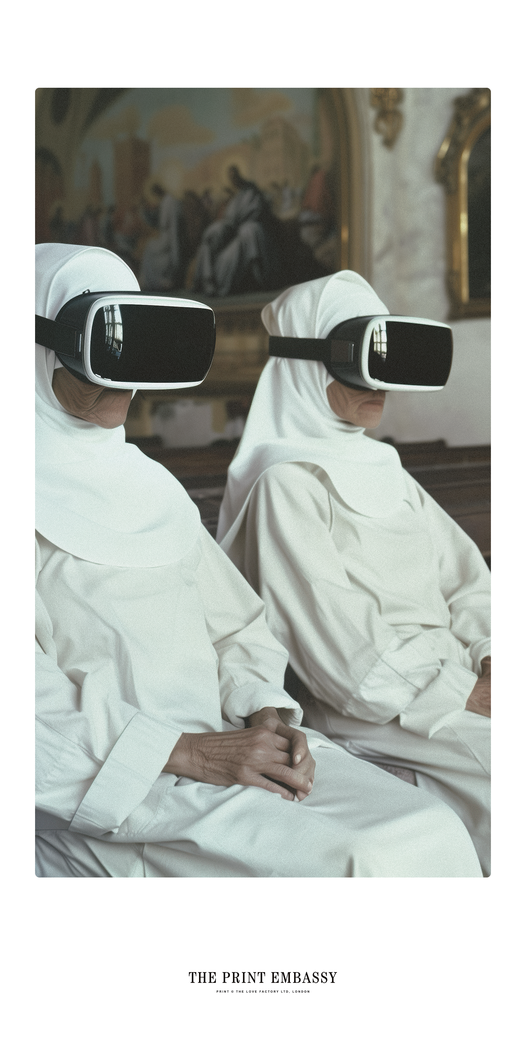 A statement print of two elderly nuns in white robes, sitting in church, they are wearing black VR goggles. This crazy print is from The Print Embassy.