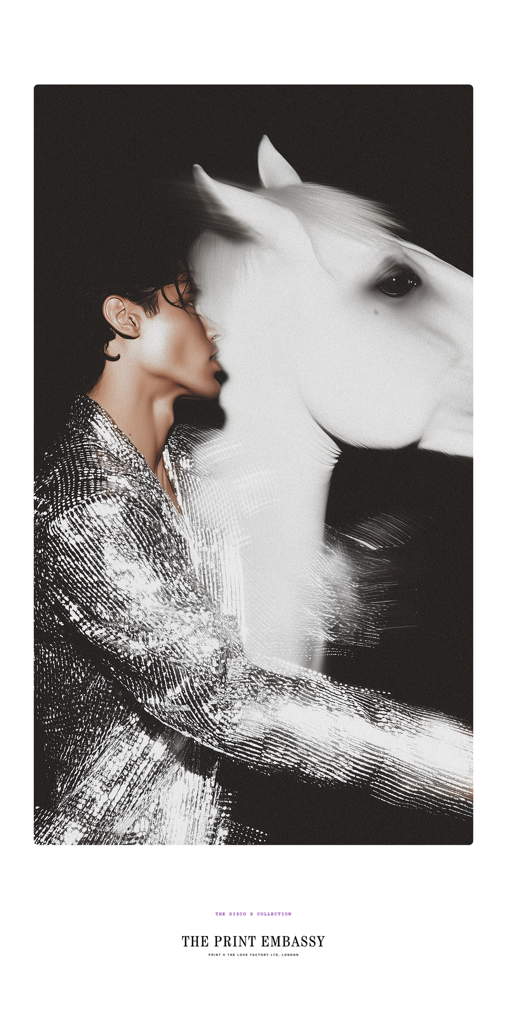 Person in a sparkly outfit standing next to a white horse with a blurred effect, featuring 'The Print Embassy' branding. This oversized print is from their Disco X Collection. 