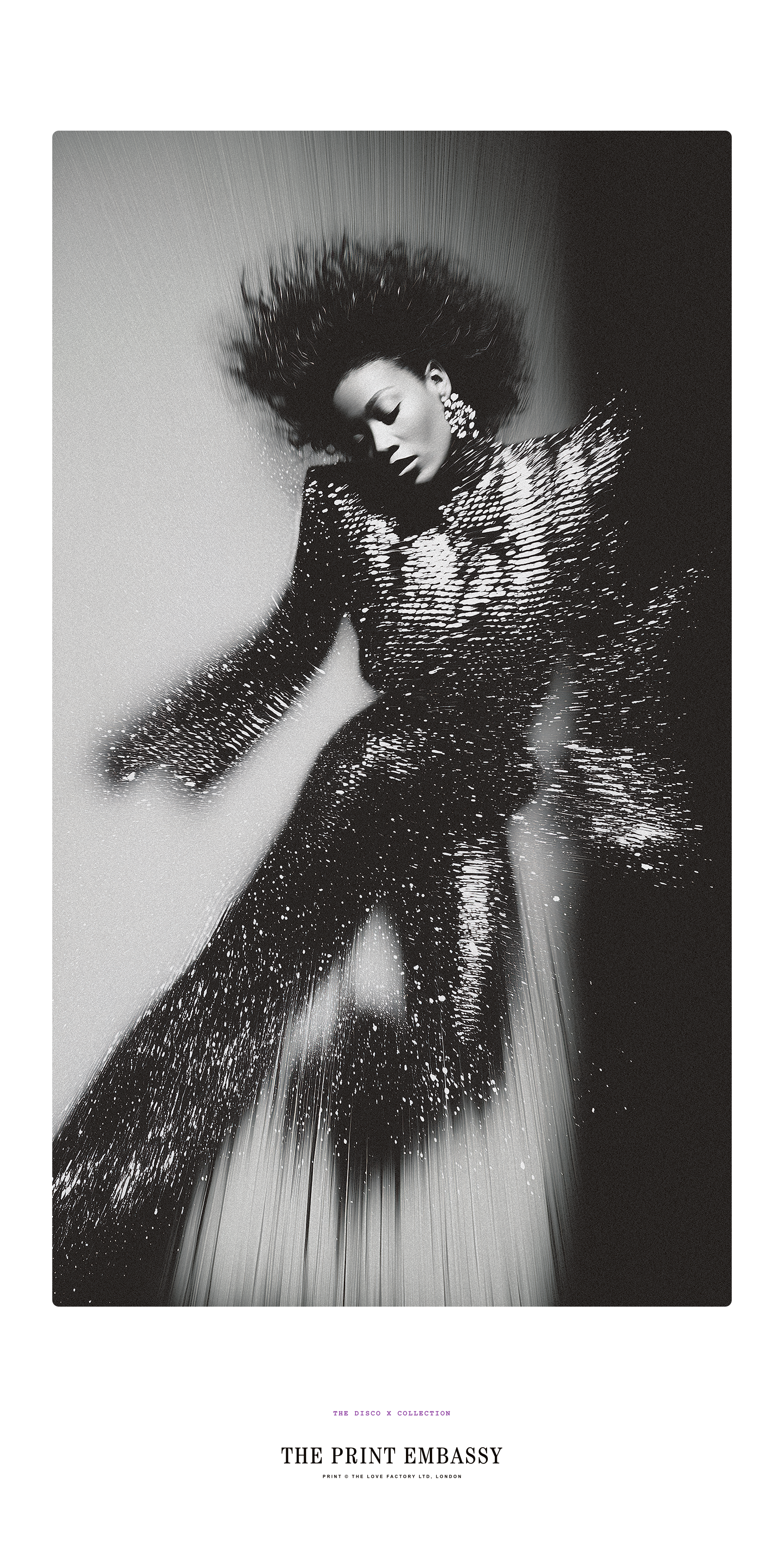 Black and white image of a person in motion, wearing a sparkling outfit with 'The Print Embassy' branding. This oversized giant print is from their Disco X Collection. 