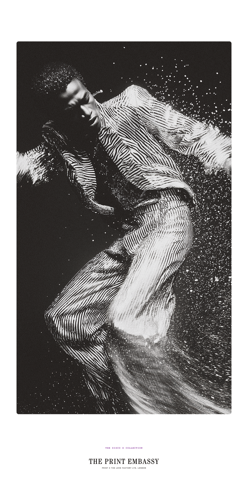 Black and white illustration of a person dancing in a glittery sparkly outfit with magical glitter flyign all around him. The large poster features 'The Print Embassy' branding and is taken from their Disco X Collection.