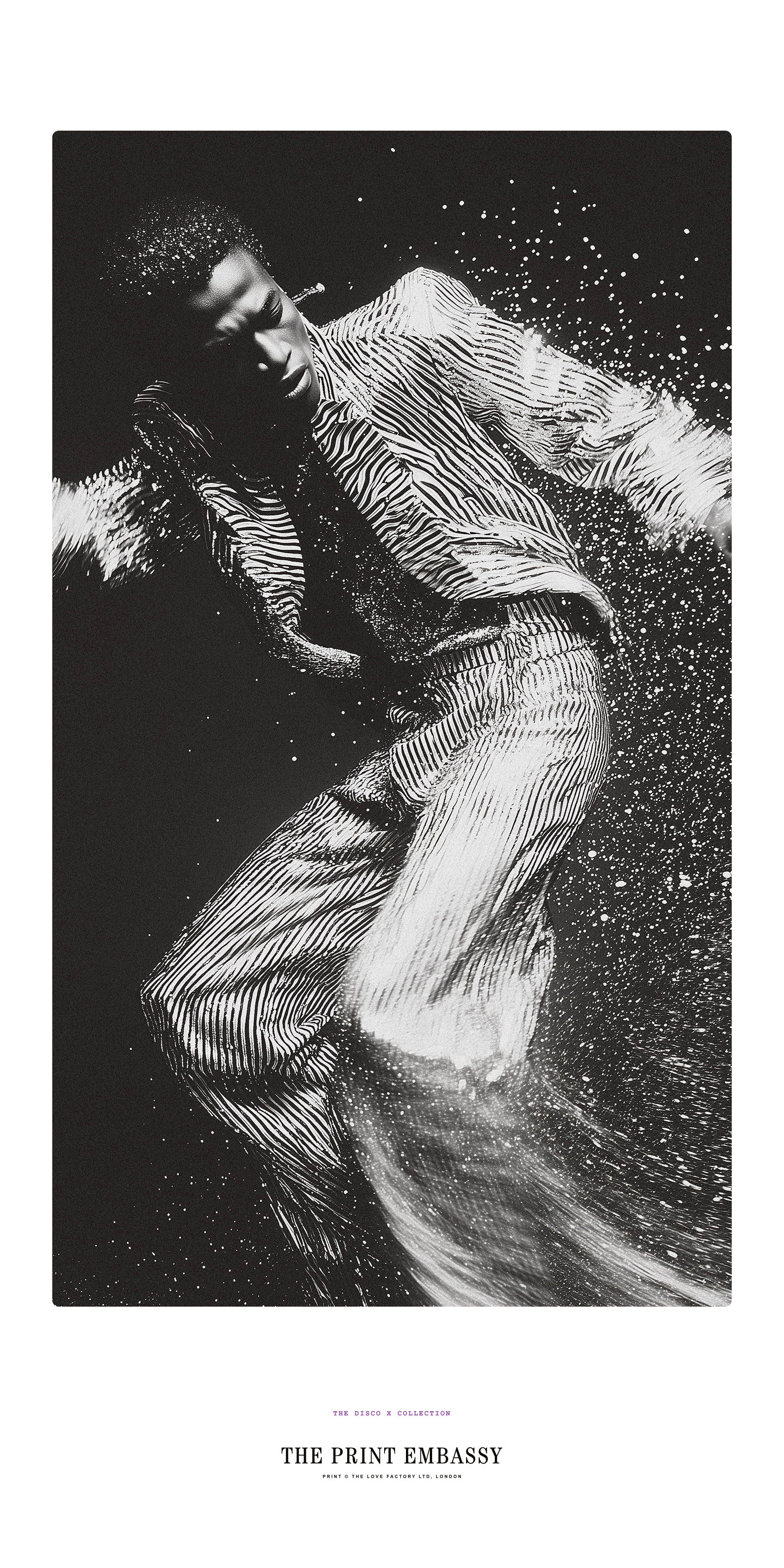 Black and white illustration of a person dancing in a glittery sparkly outfit with magical glitter flyign all around him. The large poster features 'The Print Embassy' branding and is taken from their Disco X Collection.