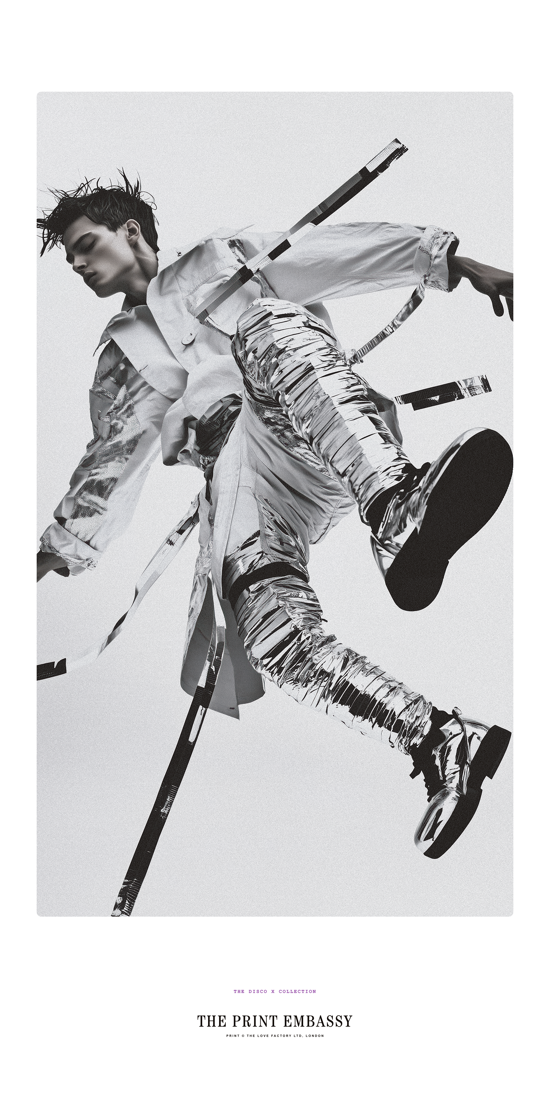 Black and white illustration of a person flying through the air, wearing a silver outfit. This large print is taken from The Print Embassy's Disco X Collection. The print measures 50x100cm in size.