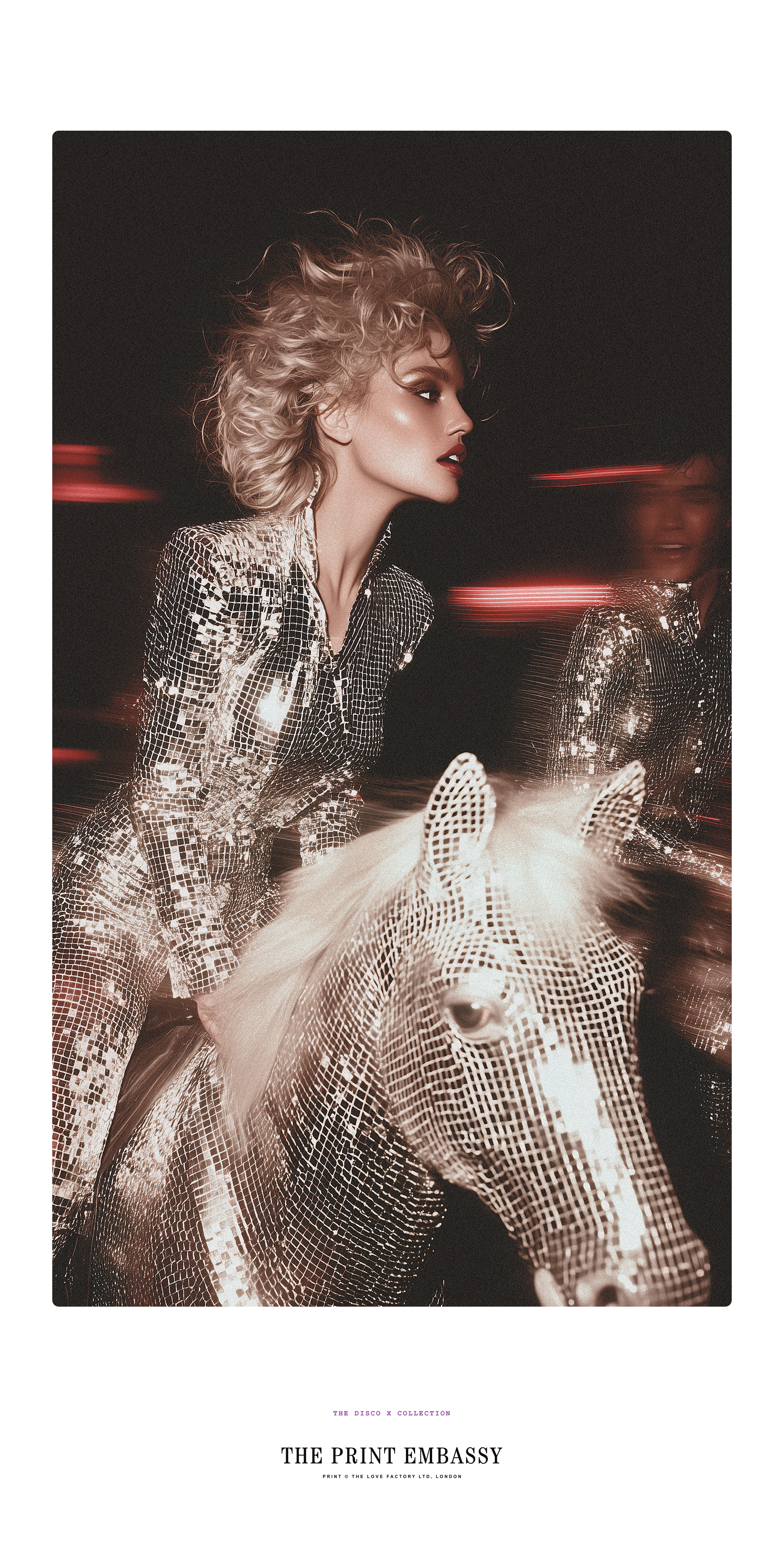 Like a scene out of Studio54. We see a woman in a sparkly outfit, riding a disco ball mirror covered horse inside a night club. The artwork feels alive as there is a lot of motion blur. This print is taken from The Print Embassy's Disco X Collection - a celebration of love, light and music. 