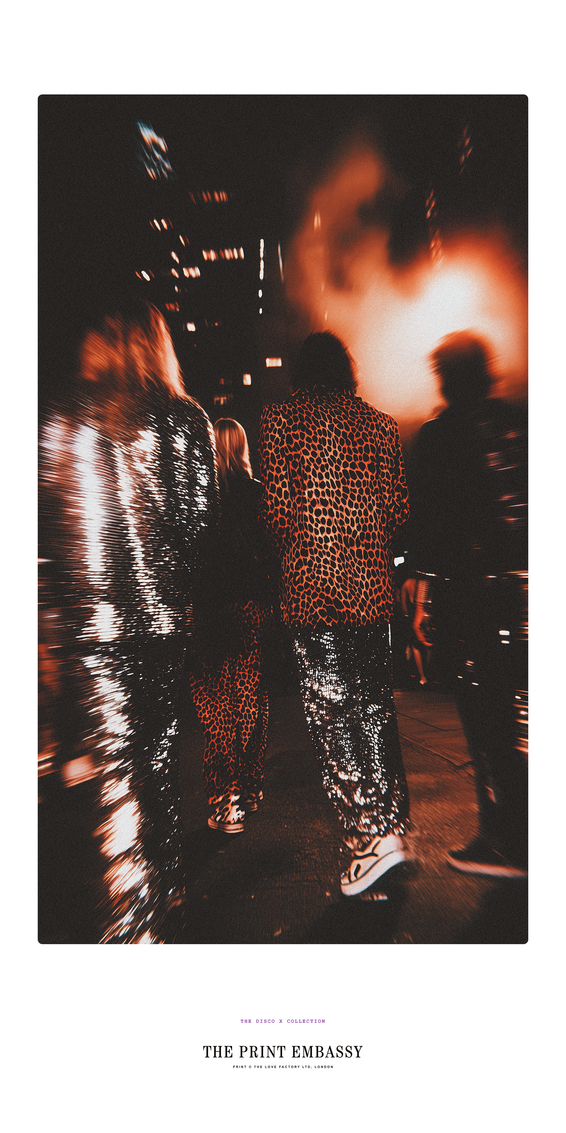 Three people leaving a club in New York together, at night with city lights in the background, They are wearing amazing outfifts, one guy is in leopard print and the other is in full on sequins. The print is taken from The Print Embassy's Disco X Collection. The artwork measures 50x100cm or 20x40 inches in size.