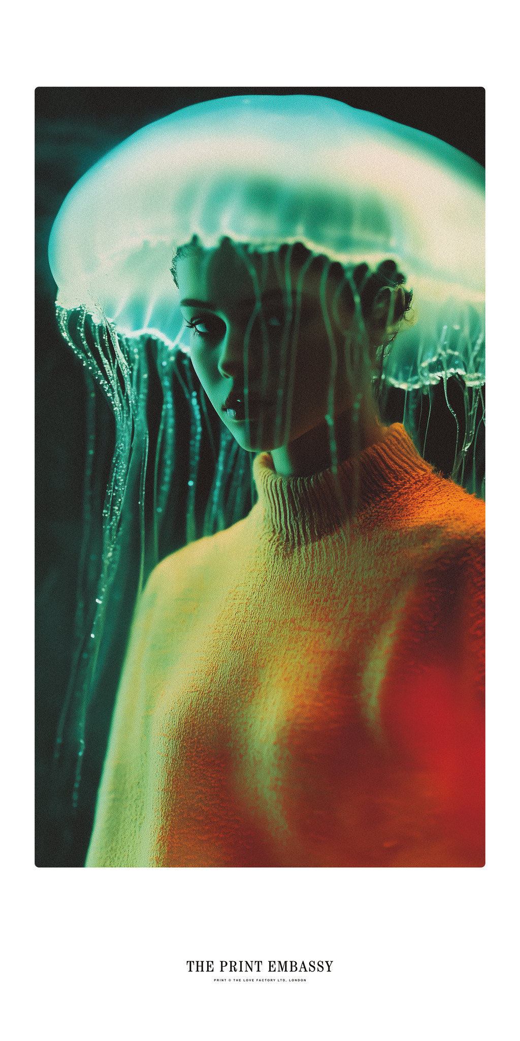 Person wearing a sweater with a jellyfish-like creature on their head, featuring vibrant colors and a dark background. The poster is oversizeed and part of The Print Embassy Core Collection.