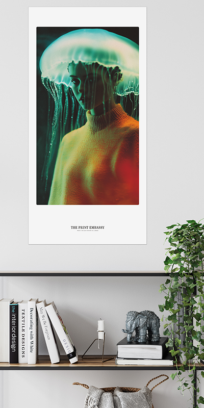 Framed artwork of a jellyfish on a person's head. This oversized print is by The Print Embassy and it sits on a wall, above a shelf with books and decor.