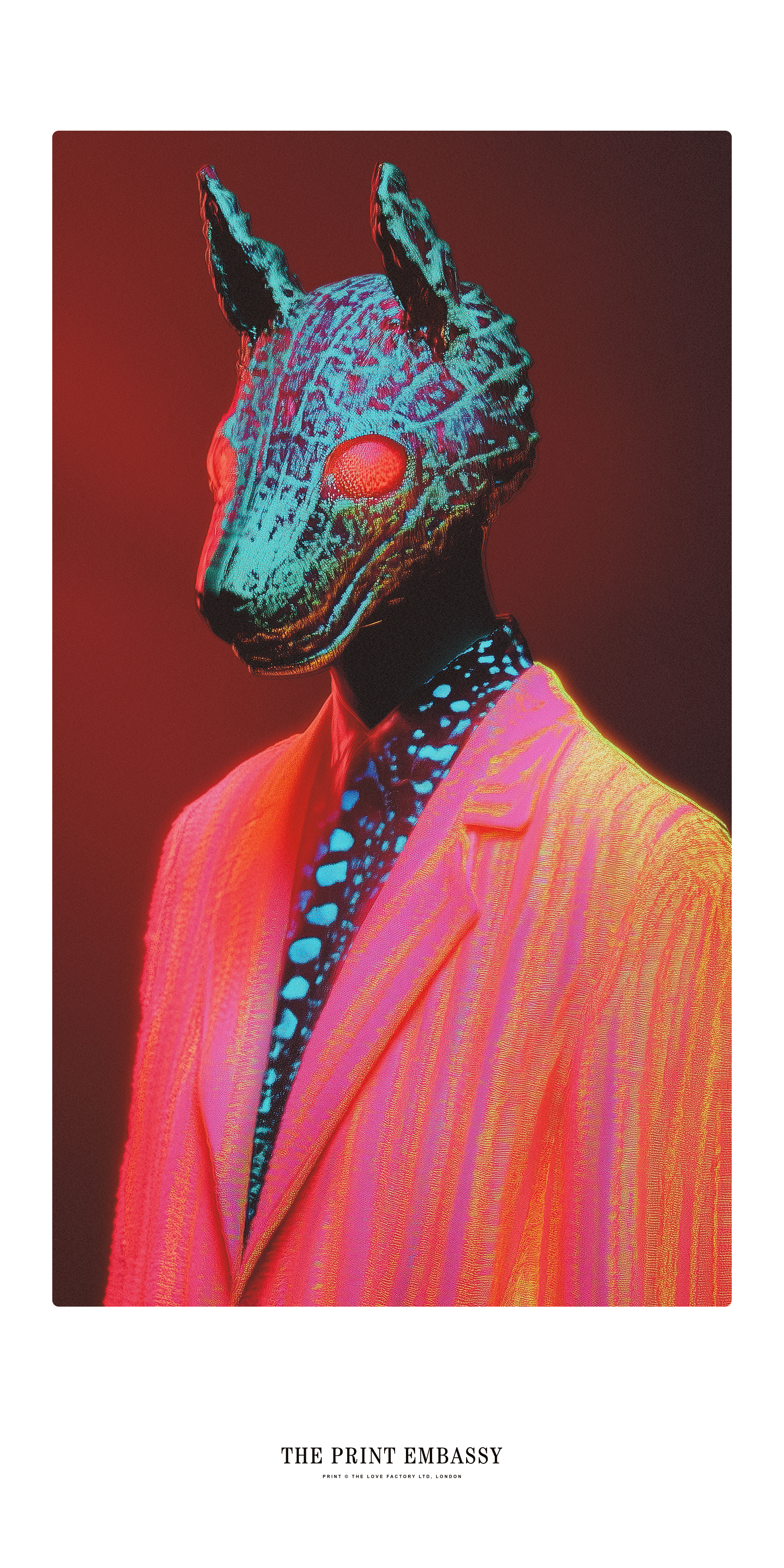 Artistic depiction of a creature with fox-like features wearing a bright pink suit on a dark background.