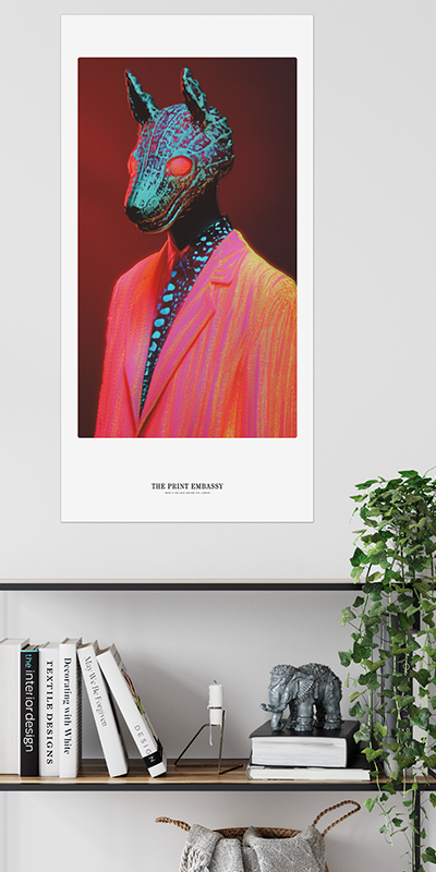 Framed artwork of a creature in a suit on a shelf with books and decor.