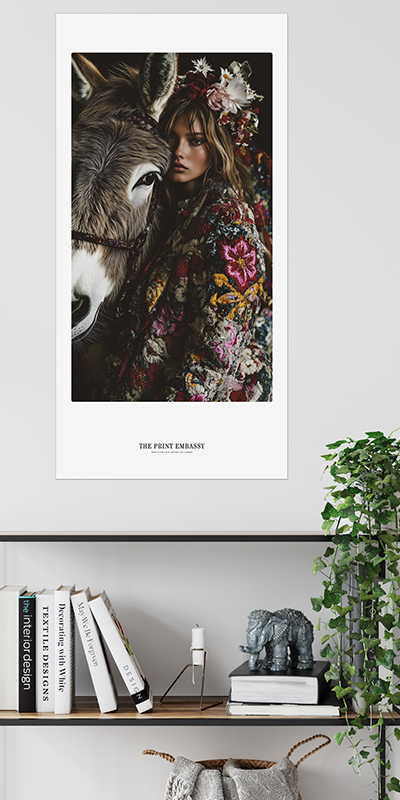 A large print of a woman in a floral coat, hugging a donkey.