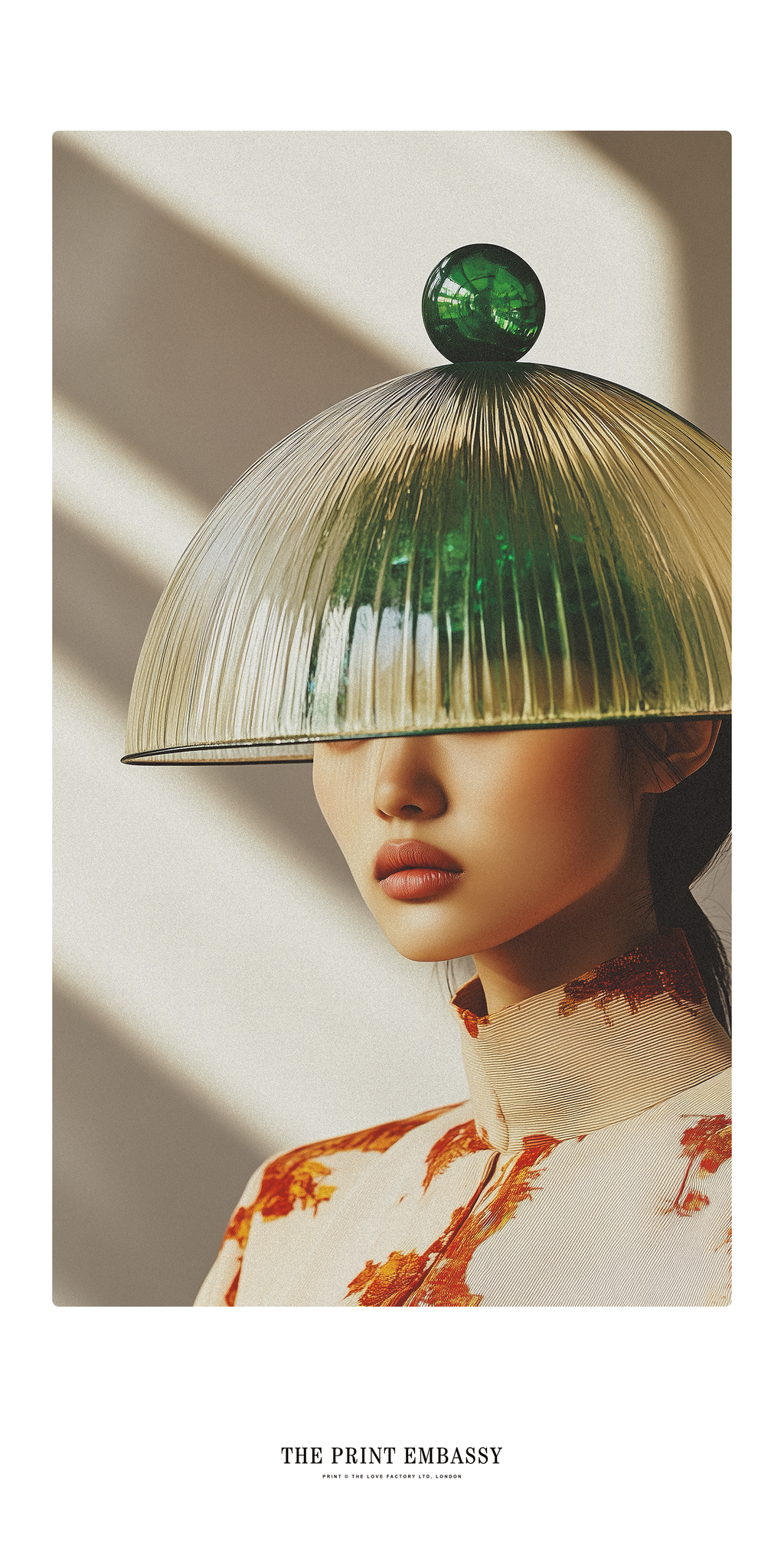 Person wearing a unique green and gold glass lampshade on their head,  with a sun streaming blurred background