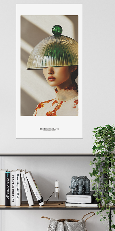 Framed artwork of a person with a lampshade over their head on a shelf with books and decor.