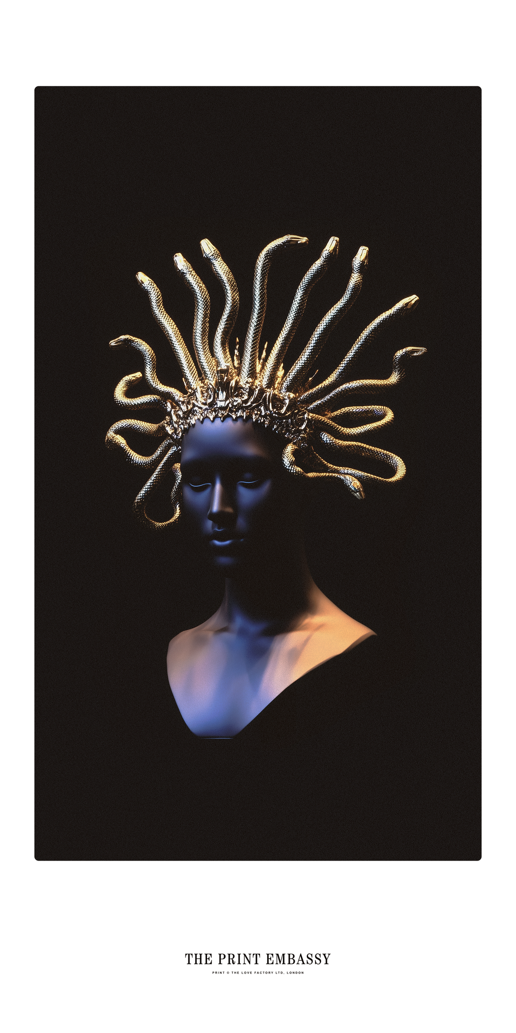 A black head bust with a detailed snake covereed gold headpiece against a black background with 'The Print Embassy' branding. It's very Medusa like. 